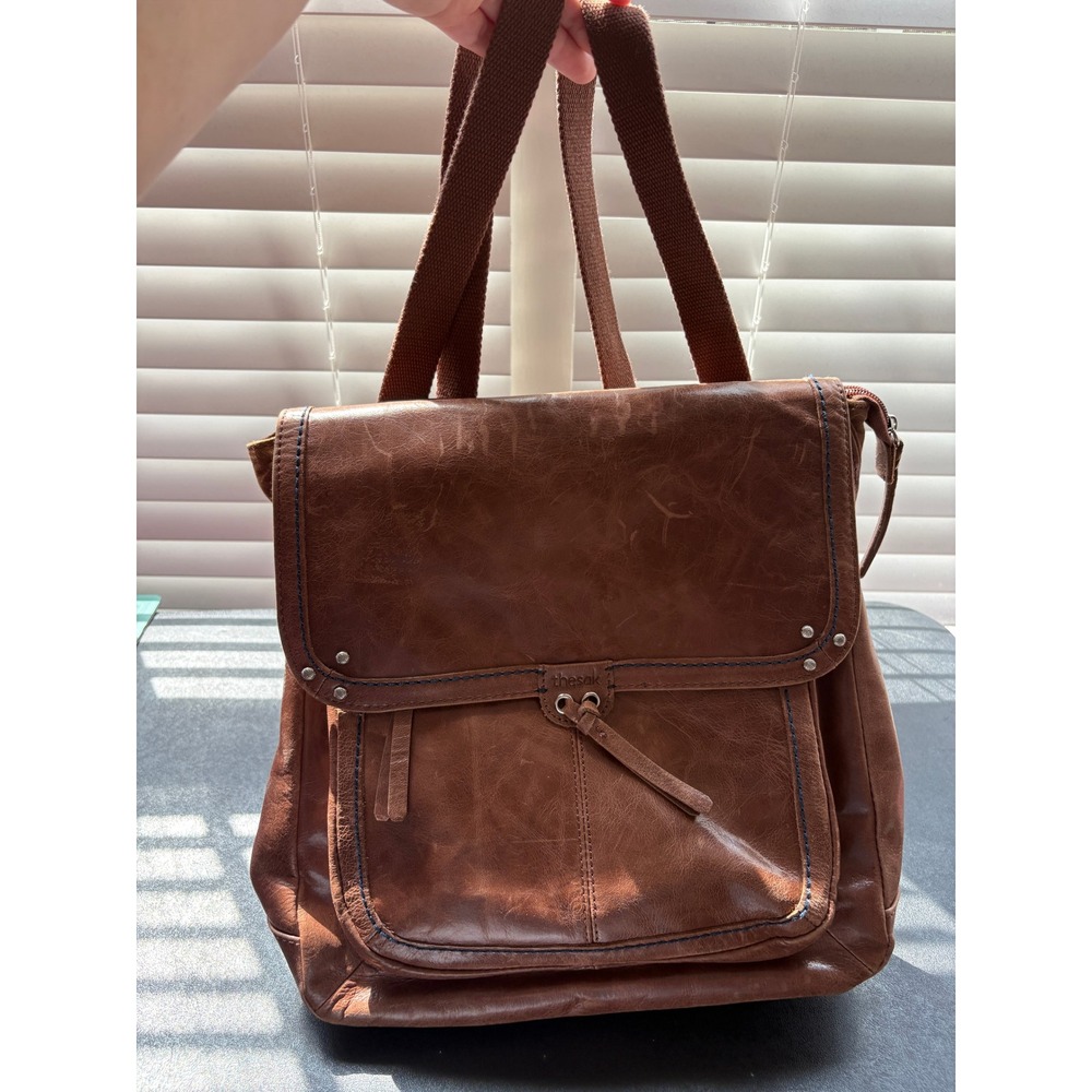 The Sak Backpack Women Medium Brown Good Distressed Leather Flap Rucksack